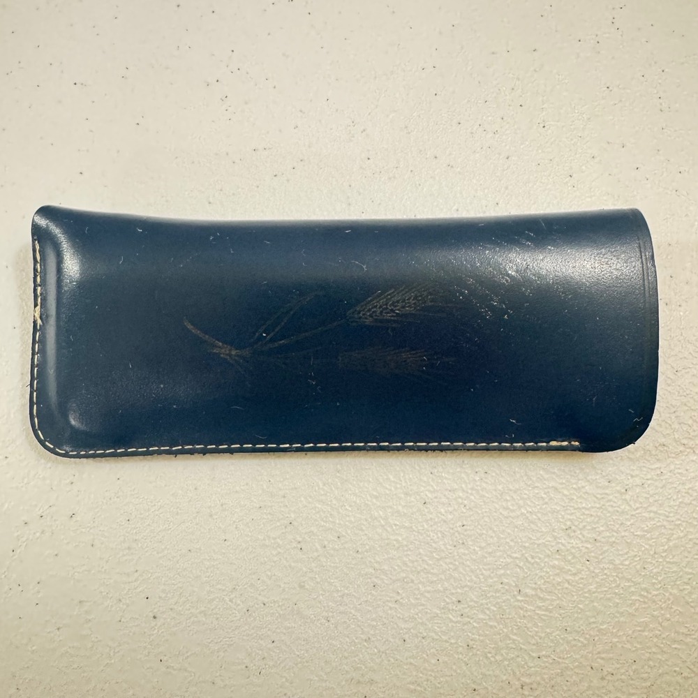 Vintage Navy Blue Leather Eyeglass Slip‎ Case Embossed Wheat Grain Detail